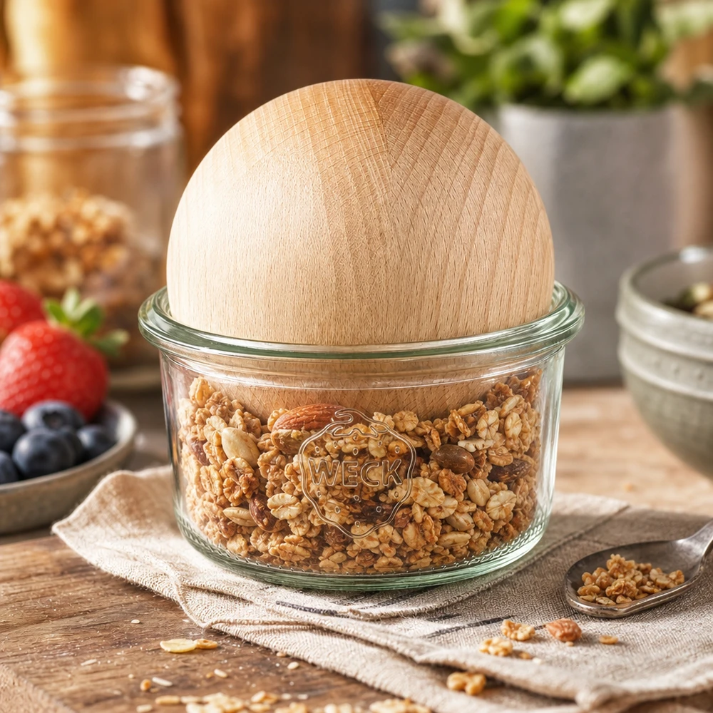 Vasos WECK RR80 de 165 ml con bola de madera de haya WECK Vaso RR80 de 165 ml relleno de frutos secos y tapa de bola de haya como recipiente de almacenamiento en la cocina