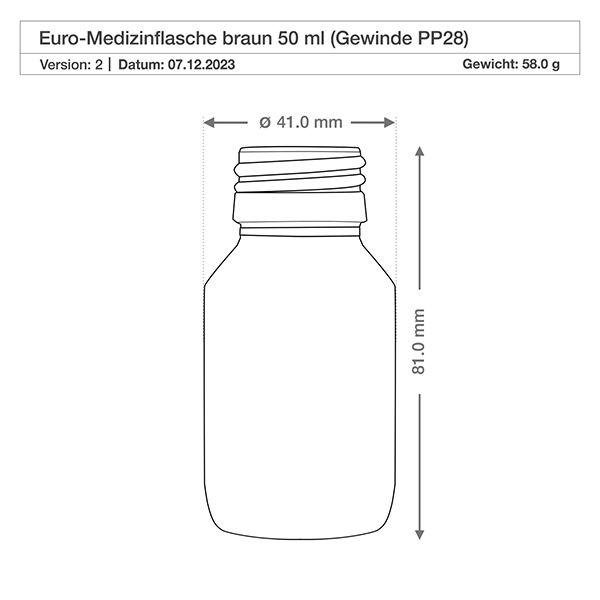 Frasco para medicamentos de 50 ml marrón, con bomba atomizadora negra ApoGlas Robuste Braunglasflasche 50ml mit weiter Flaschenöffnung PP28 ideal für Pulver und Granulate