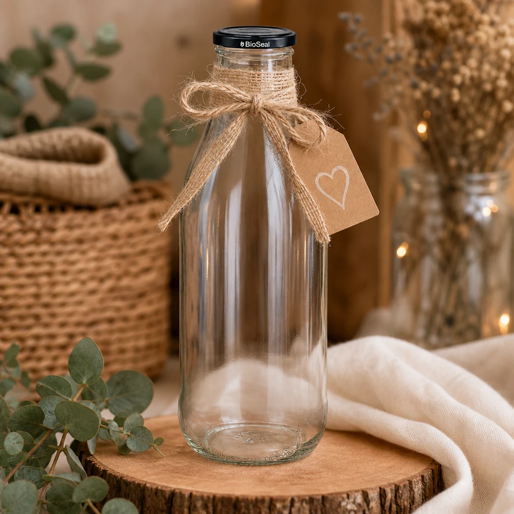 Frasco de vidrio de 1000 ml + tapa BioSeal negra UNiTWIST Botella de vidrio de 1000ml tapa BioSeal sobre disco de madera decorado lazo de yute colgante corazón decoración rústica sostenible