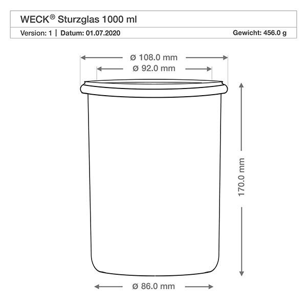 Vasos de 1000ml WECK RR100 con corcho natural Dibujo técnico Vasos WECK 1000ml RR100 con dimensiones Diámetro 108mm 92mm 86mm Altura 170mm Especificación