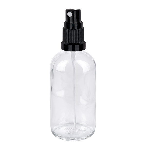 Frasco pulverizador de 100 ml negro/transparente tapón estándar ClearLine UT18/100 Frasco pulverizador de cristal transparente de 100 ml con dosificador de bomba negro, serie ClearLine