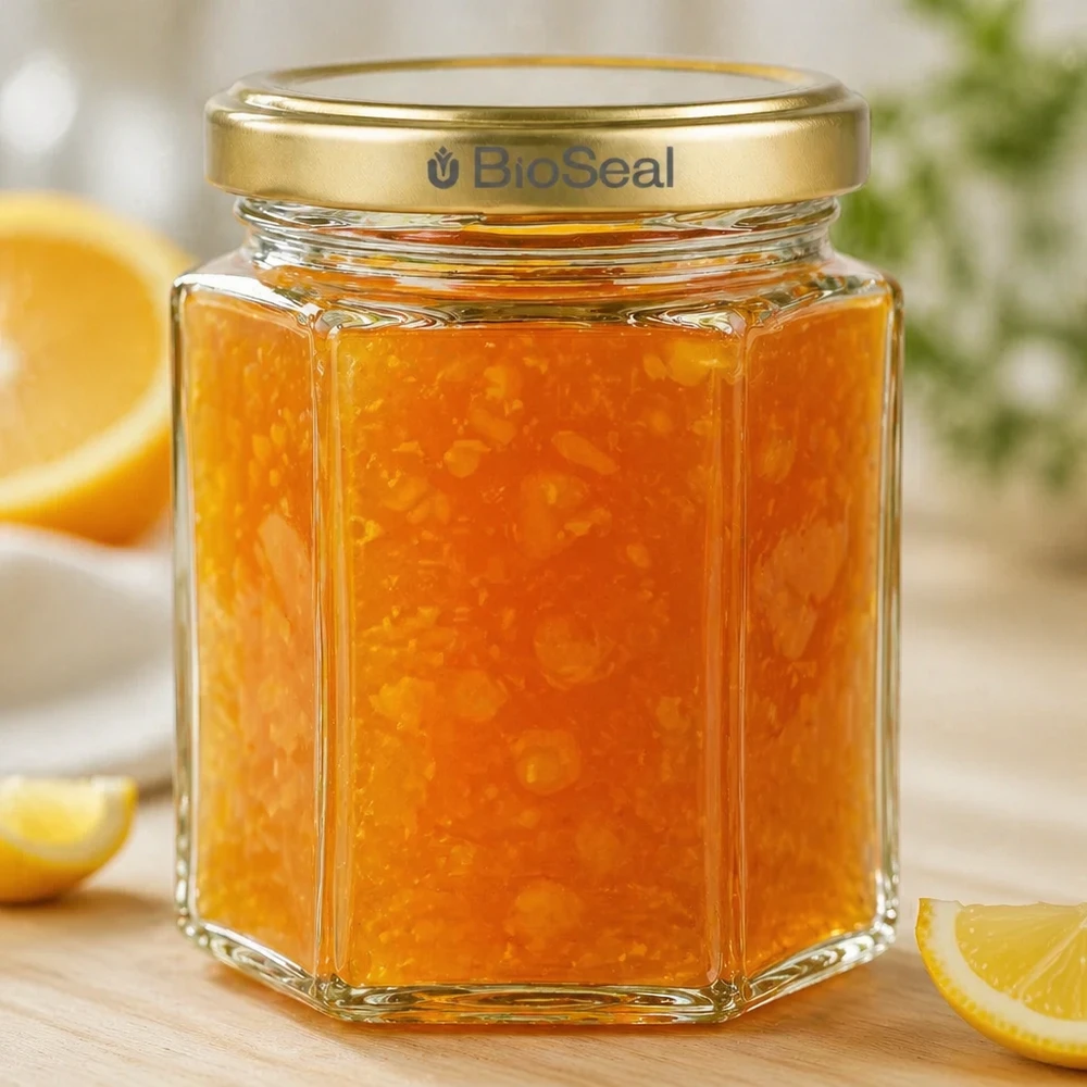Tarro de miel de 250 g hexagonal relleno de mermelada de naranja BioSeal tapa dorada junto a rodajas de naranja sobre tabla de madera