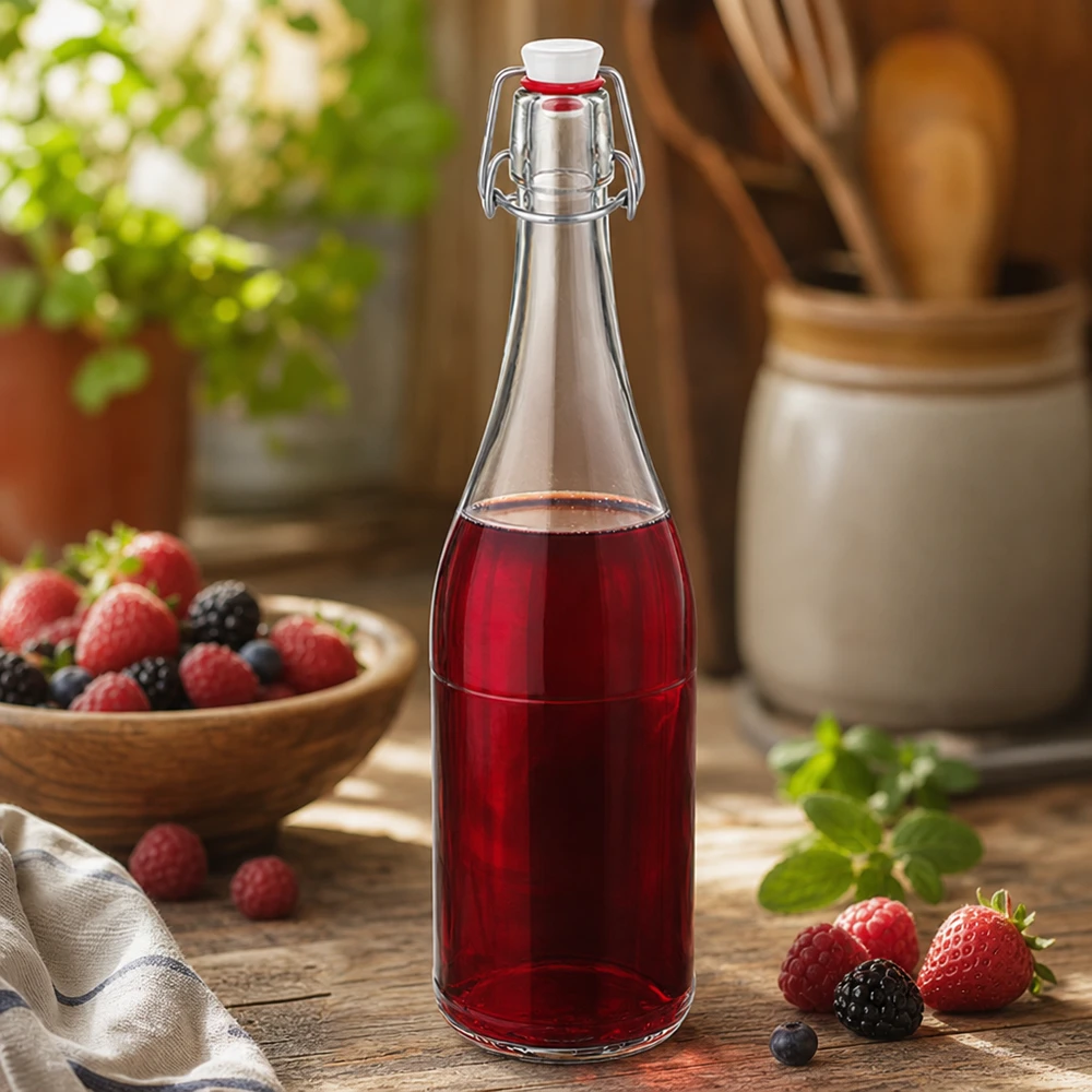 750ml botella de vidrio swing top lleno de jugo de bayas cocina bodegón mezclado bayas bebida de frutas rústicas