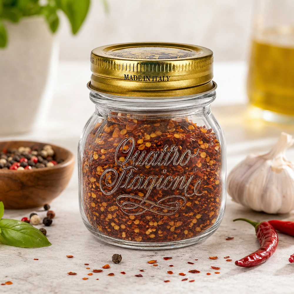 Tarro redondo de 150 ml "Quattro Stagioni" con tapa Tarro redondo Quattro Stagioni de 150 ml con tapa dorada relleno de mezcla de especias con guindilla Made in Italy