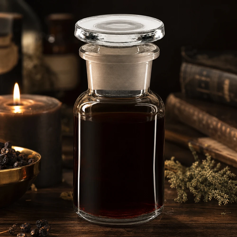 Frasco de farmacia vintage de 50 ml, de cuello ancho, con contenido de color rojo oscuro y tapón de cristal, a la luz de las velas