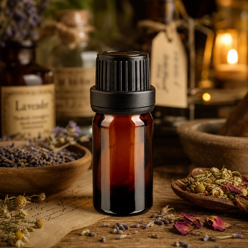 Botella de farmacia marrón 5ml tapón de rosca negro precinto de cierre a prueba de manipulaciones Frasco de vidrio ámbar de 5 ml con tapón negro de 11 mm, entre la lavanda y las hierbas medicinales