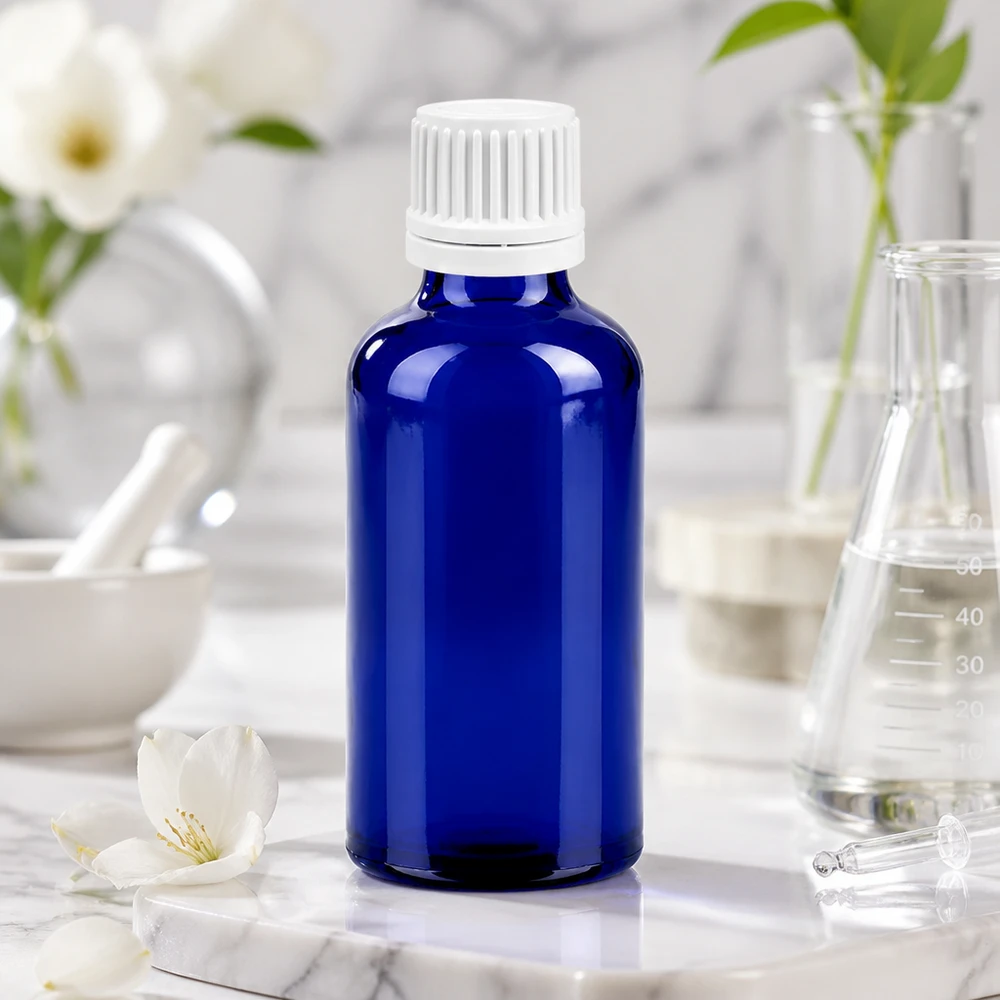 Frasco de vidrio azul de 50 ml con tapón cuentagotas blanco de 0,7 mm para aceites esenciales y tinturas