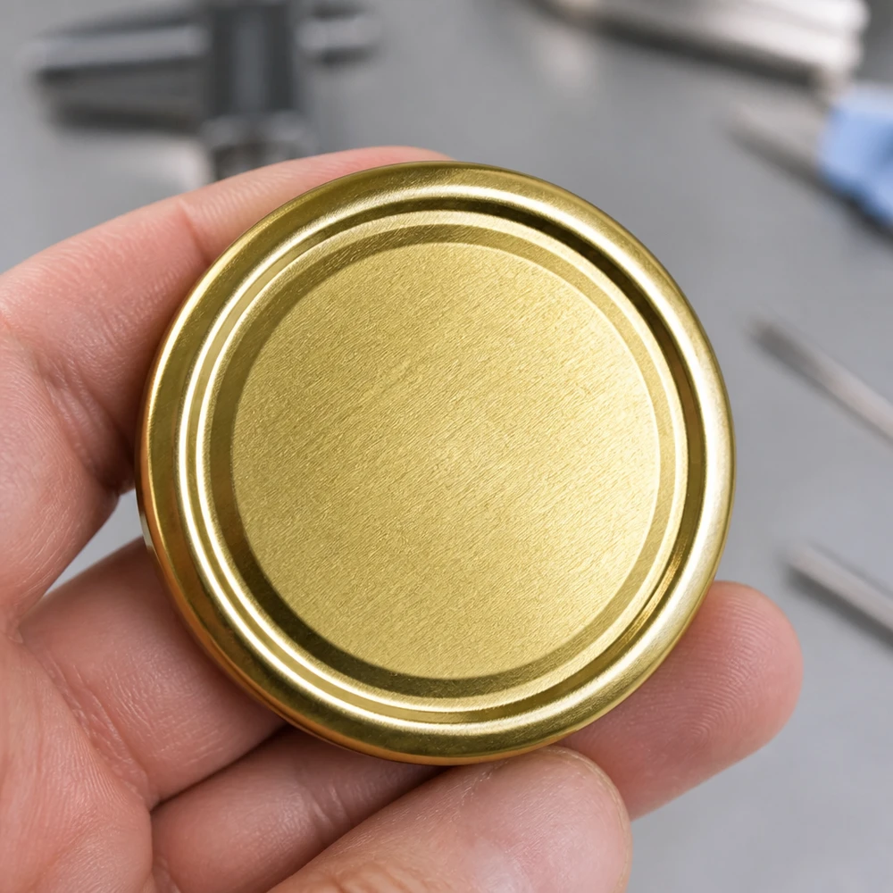 Primer plano de la tapa redonda de 100 mm con cierre de rosca dorada TO100 BasicSeal UniTwist