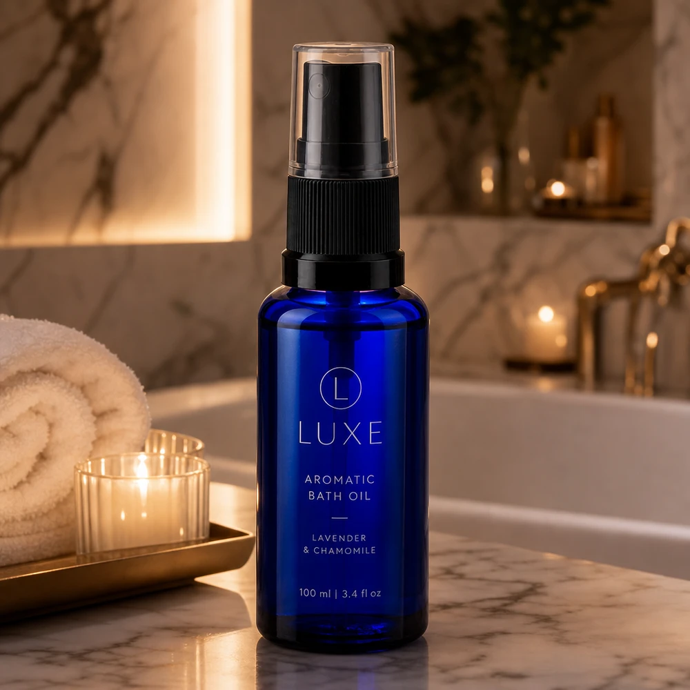 Frasco de cristal azul de 30 ml con pulverizador negro, propio de una farmacia, en un elegante y lujoso cuarto de baño