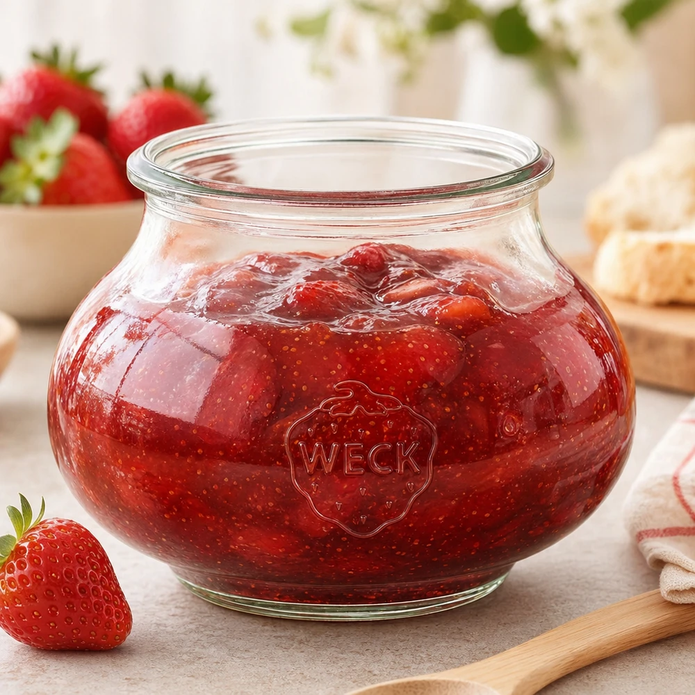Tarro decorativo WECK RR80 560ml con mermelada de fresa casera y cuchara de madera sobre encimera de cocina
