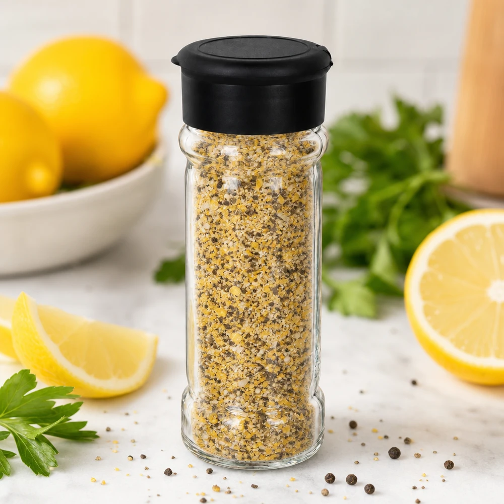 Frasco de especias de pimienta y limón de 100 ml con espolvoreador negro, rodeado de limones frescos y perejil