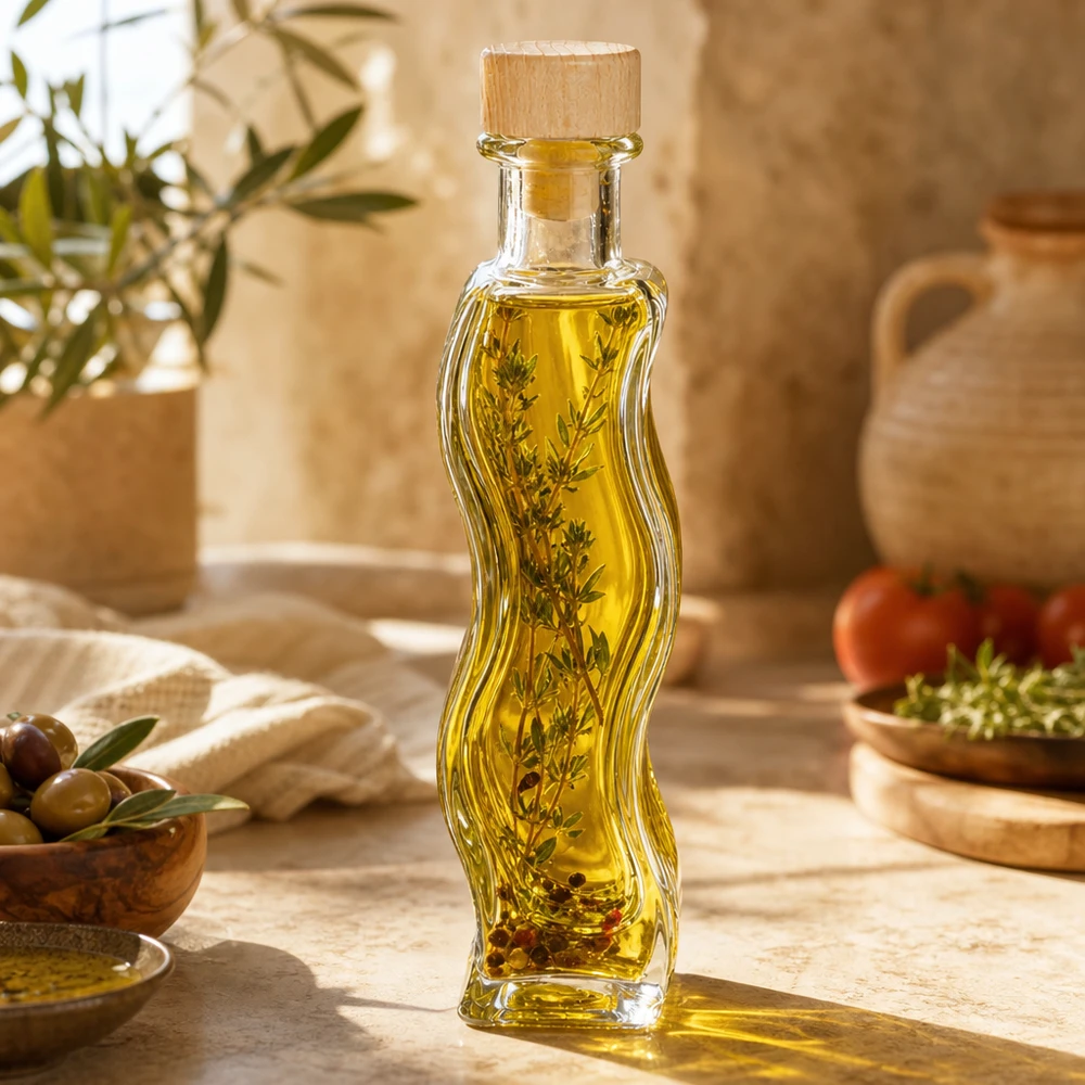 Botella de vidrio de 100 ml «Melissa» con tapón de corcho con asa de madera UNiTWIST® Botella de cristal de 100 ml de Melissa rellena de aceite de hierbas ramitas de romero cocina mediterránea aceite de oliva tapón de madera aceite de especias