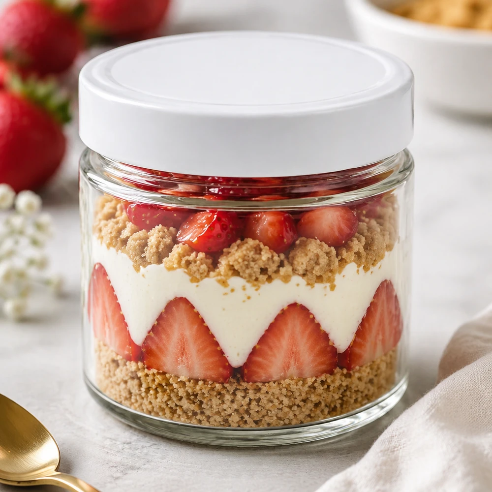 Tarro redondo 135ml + tapa BasicSeal blanco profundo UNiTWIST 135ml vaso redondo tapa BasicSeal vaso postre blanco postre en capas fresas nata crumble tiramisú postre