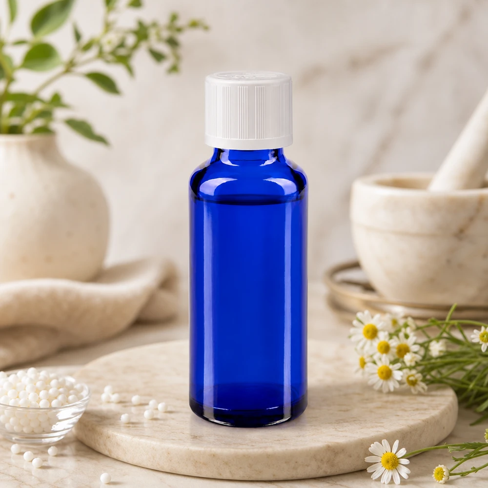 Botella de farmacia azul 30ml tapón de rosca blanco a prueba de niños estándar Frasco de farmacia de 30 ml de cristal azul con tapón blanco de KiSi, entre flores de manzanilla y un mortero