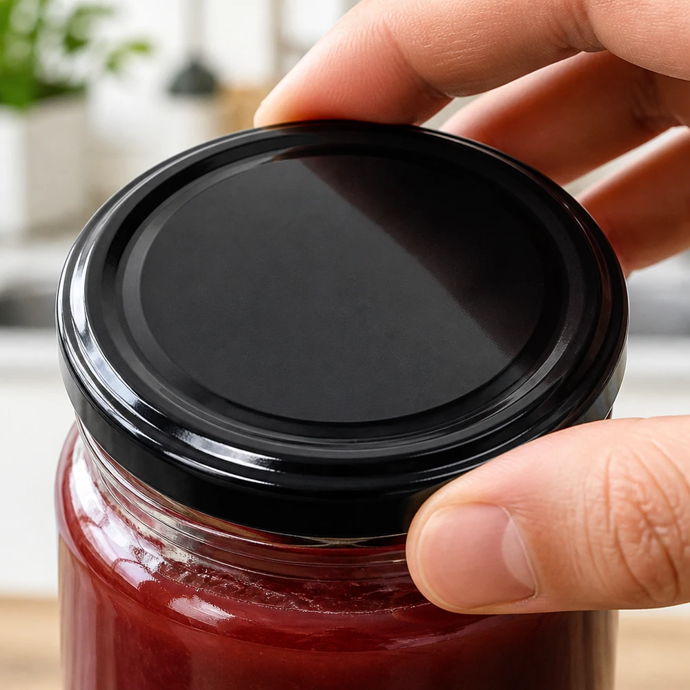UNiTWIST TO82 negro, BioSeal, sin BPA, UNiTWIST Se coloca la tapa BioSeal negra UNiTWIST TO82 en un tarro de conserva con mermelada de frutas rojas