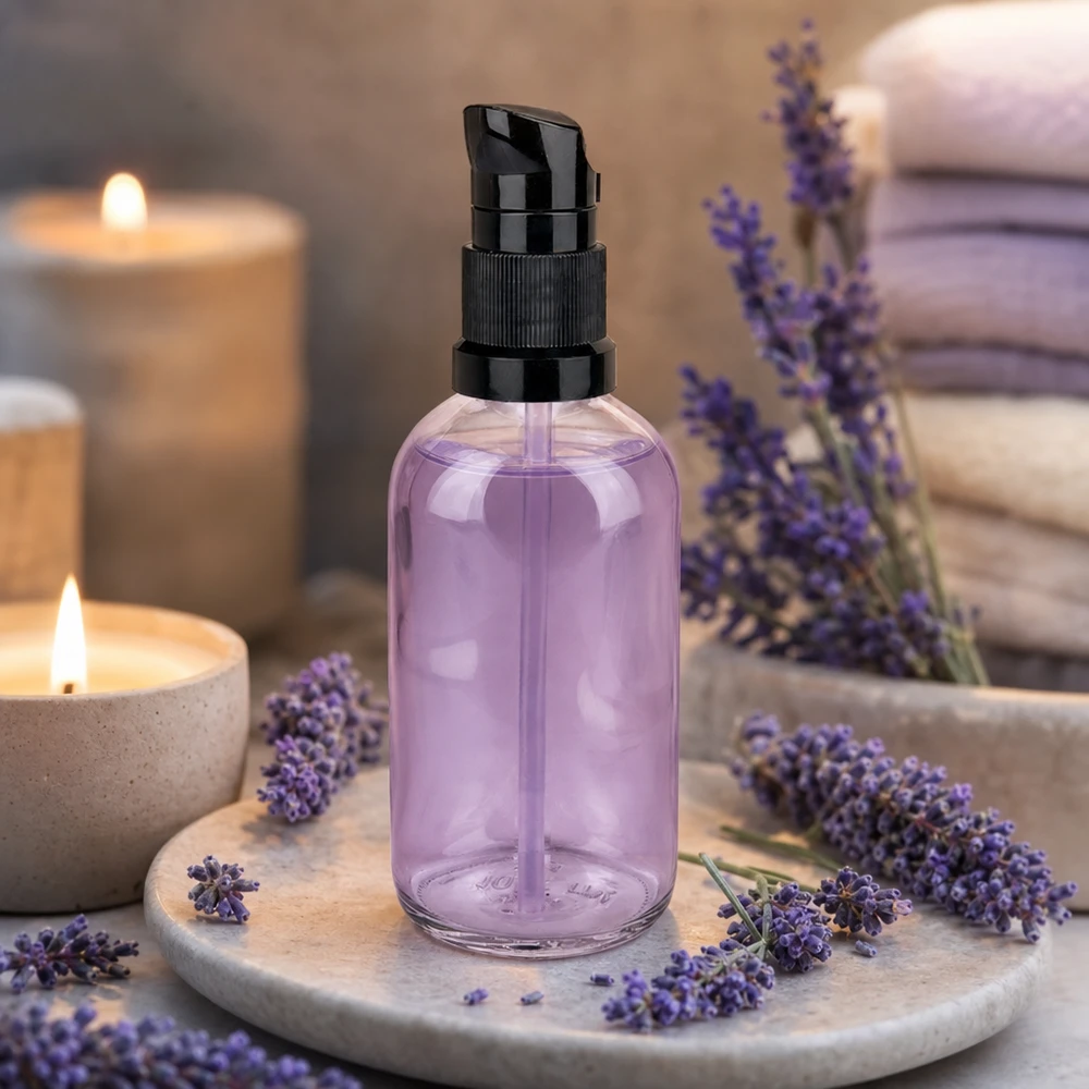 Frasco bomba 100ml negro tapón estándar ClearLine UT18/100 Frasco con dosificador de lavanda, 100 ml, color lila, con dosificador negro. Frasco cosmético ClearLine UT18