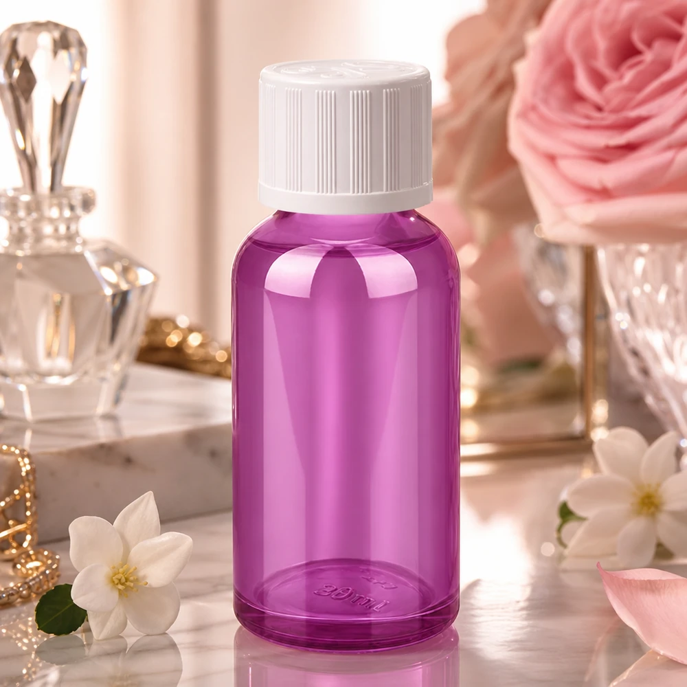 Frasco compacto violeta de 30 ml con tapón blanco de seguridad para niños, para un almacenamiento seguro