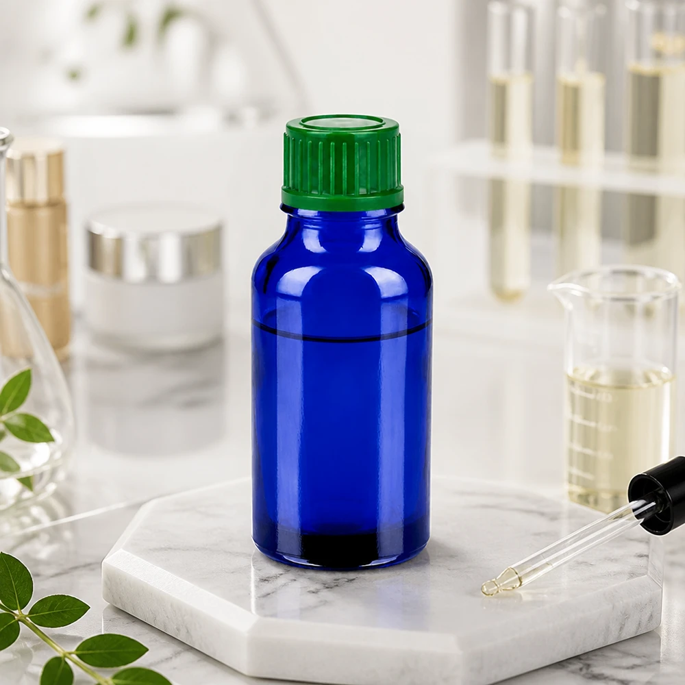 Frasco 20ml 11mm tapón rosca verde estándar BlueLine UT18/20 Frasco cuentagotas compacto de 20 ml de vidrio azul con tapón verde para cosmética y laboratorio BlueLine UT18/20