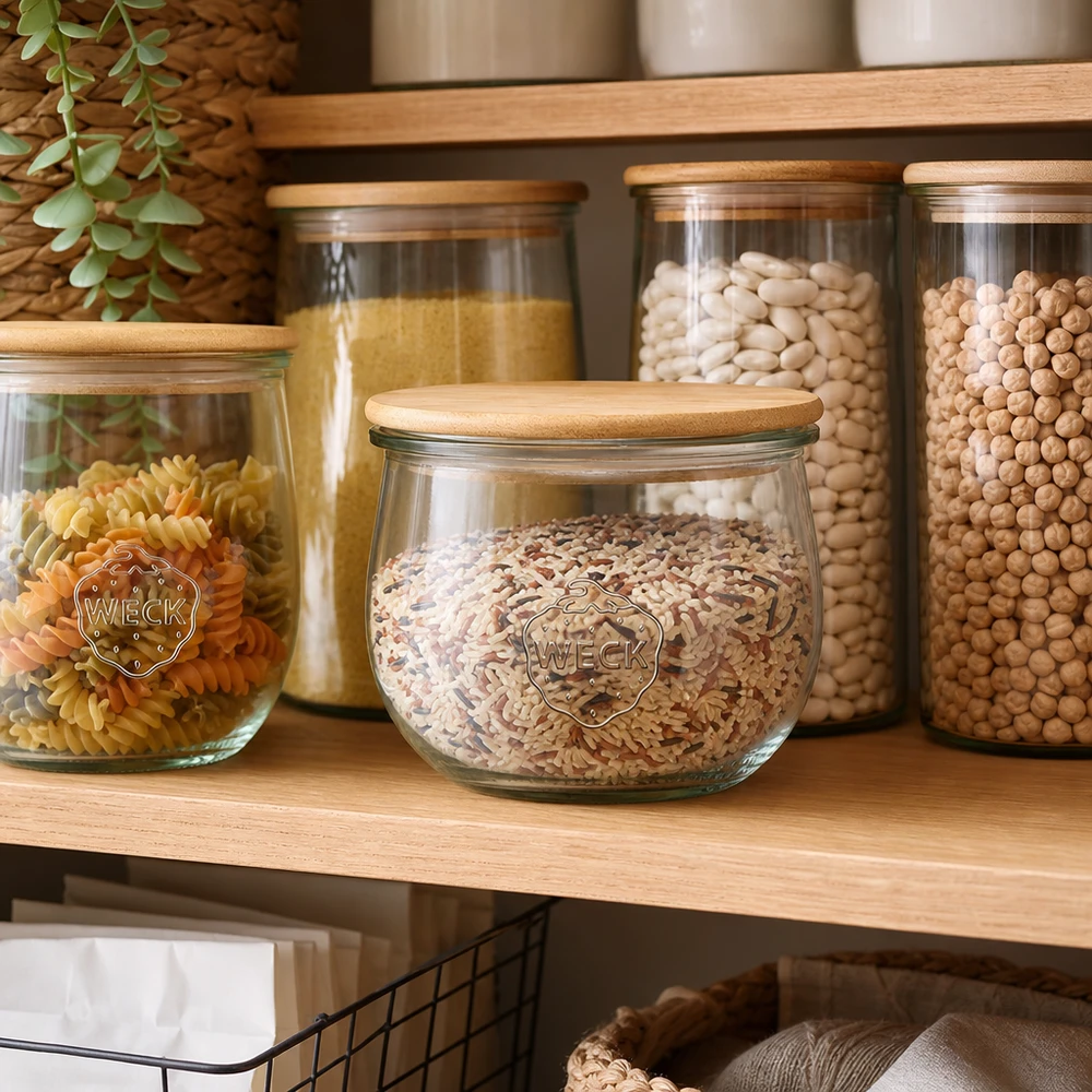 Tarro tulipán WECK 580ml con tapa de madera lleno de cereales en estantería organizada con otros tarros