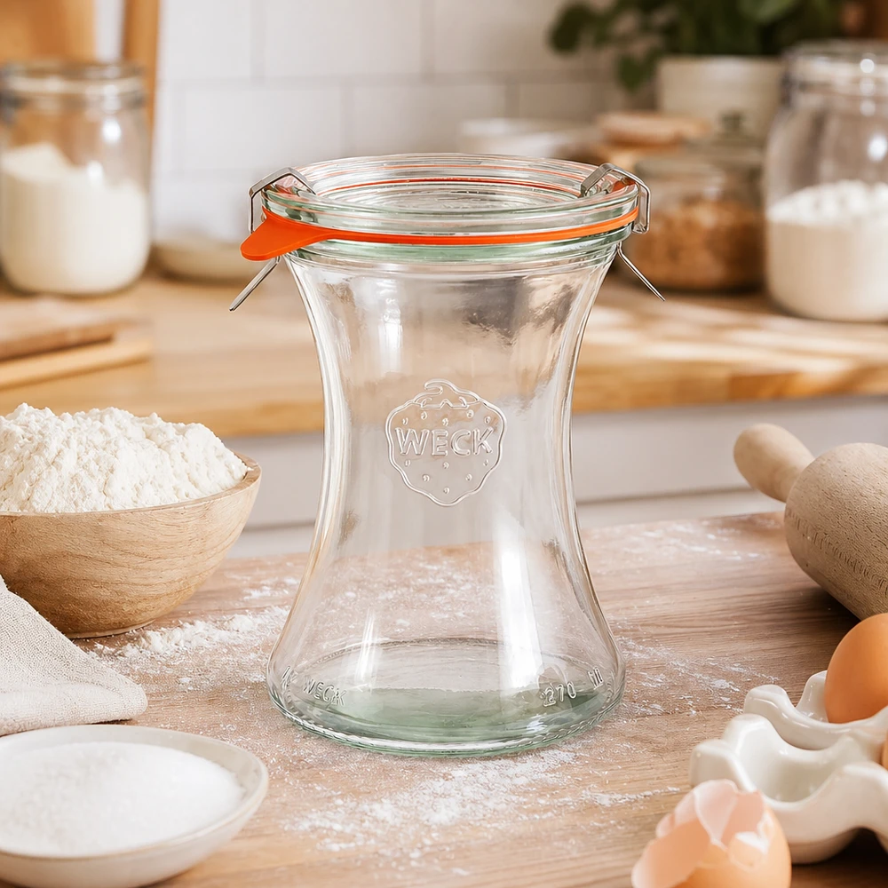 WECK delicatessen tarro 370ml RR80 vacío en cocina con ingredientes para hornear harina huevos utensilios de madera ambiente de cocina