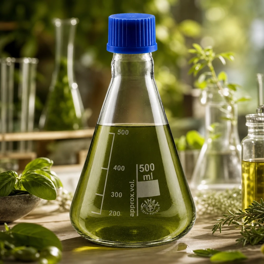 Matraz Erlenmeyer 500ml con tapón de rosca Matraz Erlenmeyer de 500 ml con líquido verde y tapón azul para experimentos