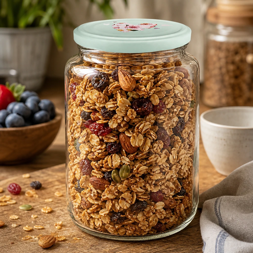 Tarro redondo de 795 ml + tapa BasicSeal corazón menta UNiTWIST El tarro redondo de 795 ml lleno de muesli y frutos secos muestra la tapa en forma de corazón de menta como un práctico tarro de almacenamiento para cereales