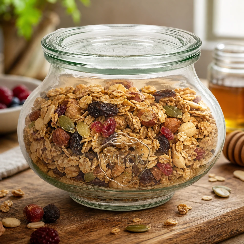 Frasco decorativo de 560 ml con tapa de cristal WECK RR80 WECK tarro decorativo 560ml RR80 con muesli casero frutos secos como tarro de almacenaje sobre una mesa de madera