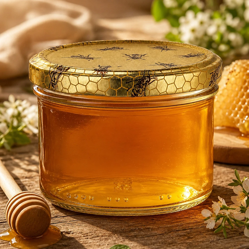 Tarro de miel de 300 g con tapa con motivo de abeja dorada lleno de miel natural pura junto a un panal y un palito de miel