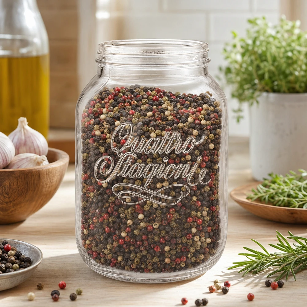 Tarro doméstico de 3000 ml Quattro Stagioni lleno de granos de pimienta de colores en una cocina moderna con hierbas y especias