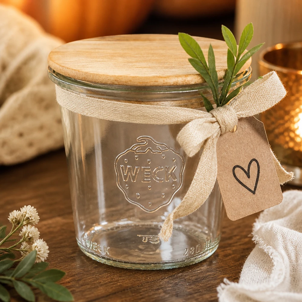 Vasos WECK 290ml RR80 con tapa de bambú y etiqueta de regalo como decoración con hierbas y cinta de tela