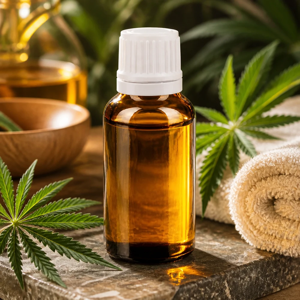 Frasco de 20 ml de aceite de CBD de cristal ámbar con tapón de seguridad para niños de color blanco y hojas de cannabis