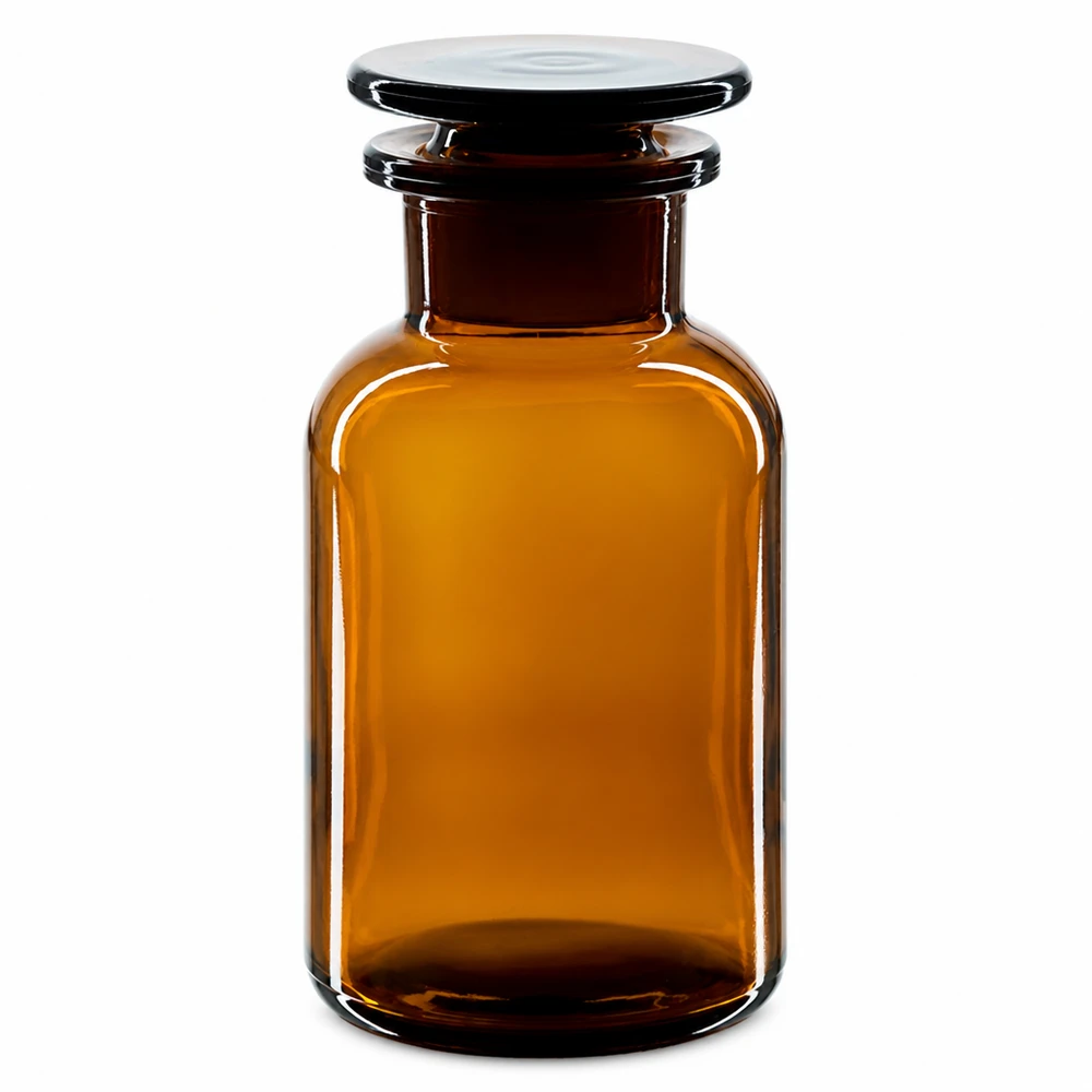 Botella marrón de hombros redondeados de 250 ml con tapón de cristal y cuello ancho, para laboratorio y farmacia
