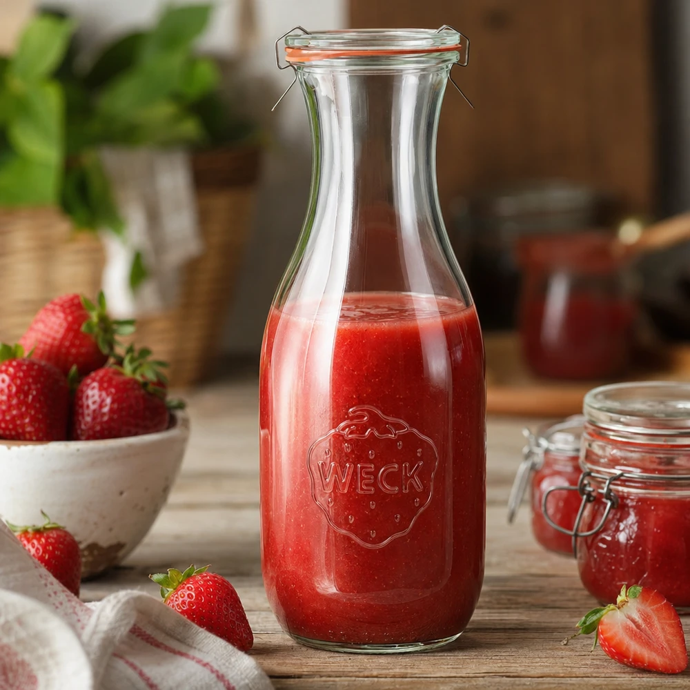 Botella de zumo WECK 1062ml RR60 llena de zumo de fresa roja dispuesta decorativamente en la cocina con fresas frescas