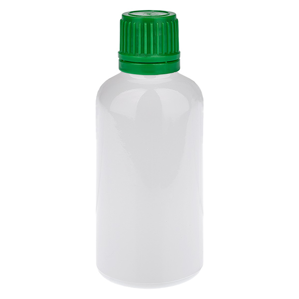 Botella de 50 ml con tapón de rosca de 11 mm verde, tapón de seguridad WhiteLine UT18/50 Botella de 50 ml con tapón de rosca de 11 mm verde, tapón de seguridad WhiteLine UT18/50
