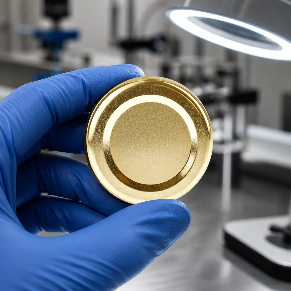 Imagen de laboratorio de una tapa BasicSeal dorada de 48 mm, modelo TO48 UniTwist, bajo iluminación anular
