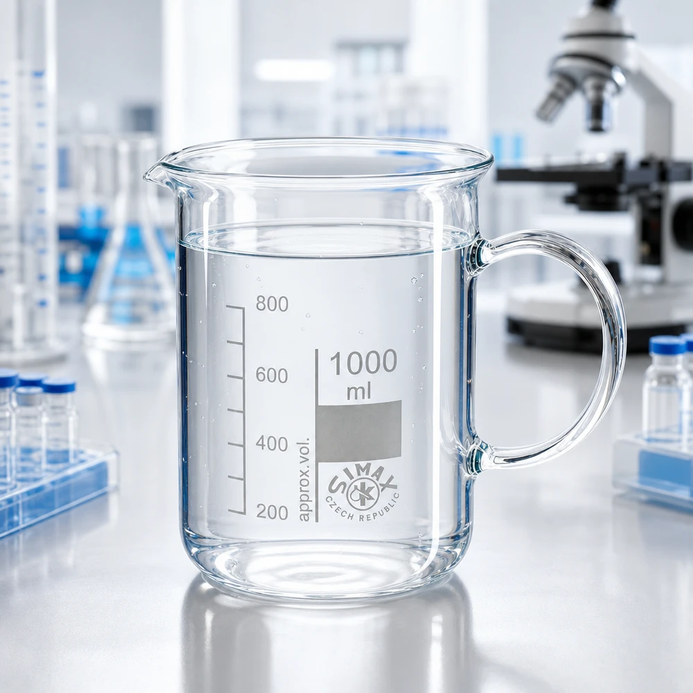 Vaso de precipitados transparente de 1000 ml con asa de cristal, lleno de agua, sobre una mesa de laboratorio blanca