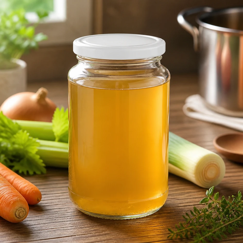 Vaso redondo UNiTWIST de 320 ml con tapón BasicSeal, lleno de caldo dorado y rodeado de verduras frescas