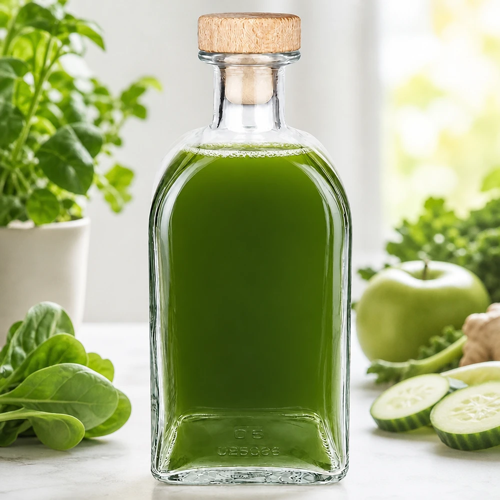 Botella de farmacia de Julia ml «Carre» con tapón de corcho con asa de madera UNiTWIST® Botella de cristal Julia de 500 ml con tapón de madera llena de batido verde rodeado de verduras y hierbas frescas