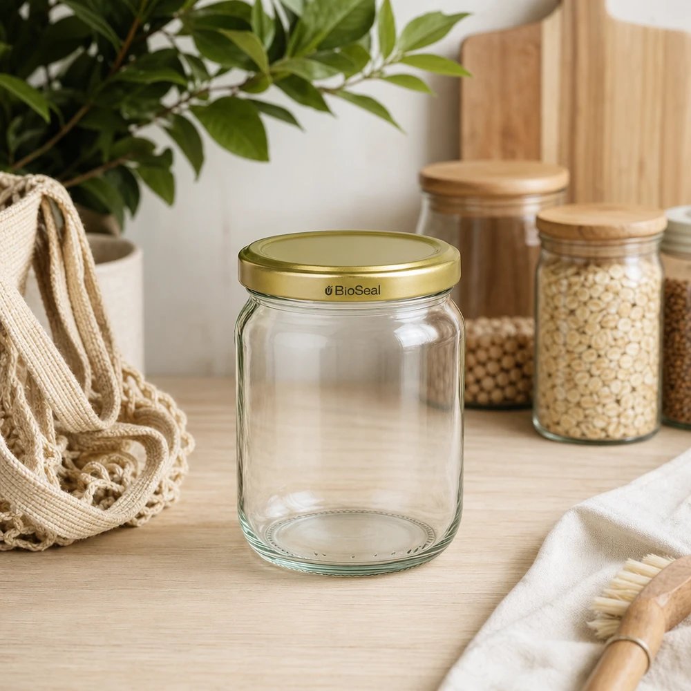 Tarro de miel BioSeal de 500 g vacío en cocina sostenible con tarros de almacenaje y materiales naturales sobre encimera de madera