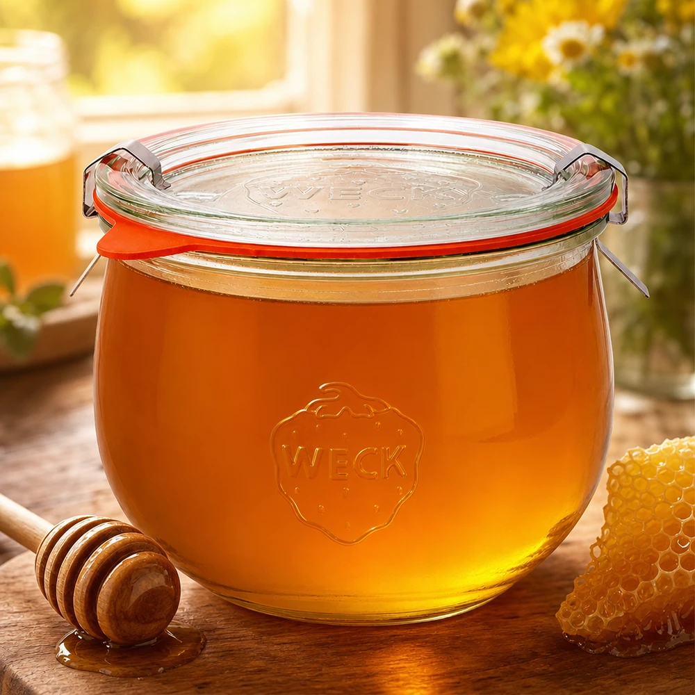 Tarro de tulipán de 580 ml completo WECK RR100 Tarro tulipán WECK 580ml RR100 lleno de miel dorada junto a cuchara de miel y panal como almacenamiento natural de dulces