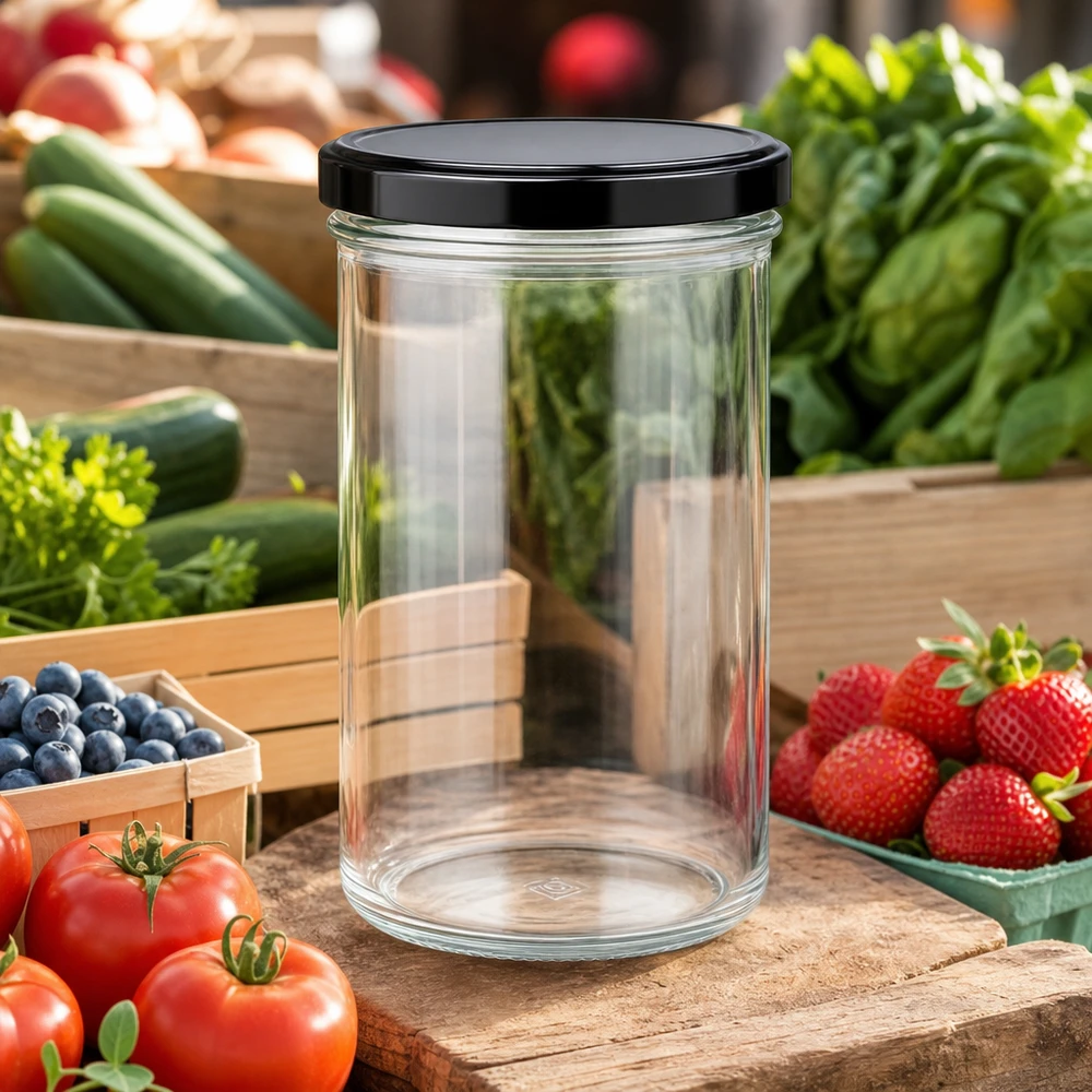 Vasos de 277 ml vacíos transparentes con tapa negra rodeados de frutas y verduras frescas Conservas