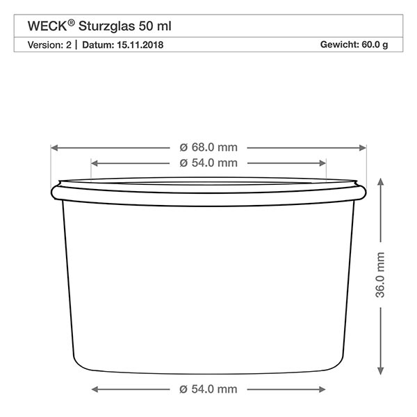 Juego de 48 vasos Weck de 50ml con 48 tapas de cristal. WECK 50ml vasos RR60 dibujo técnico con dimensiones - diámetro 68mm, altura 36mm para tarros de conserva
