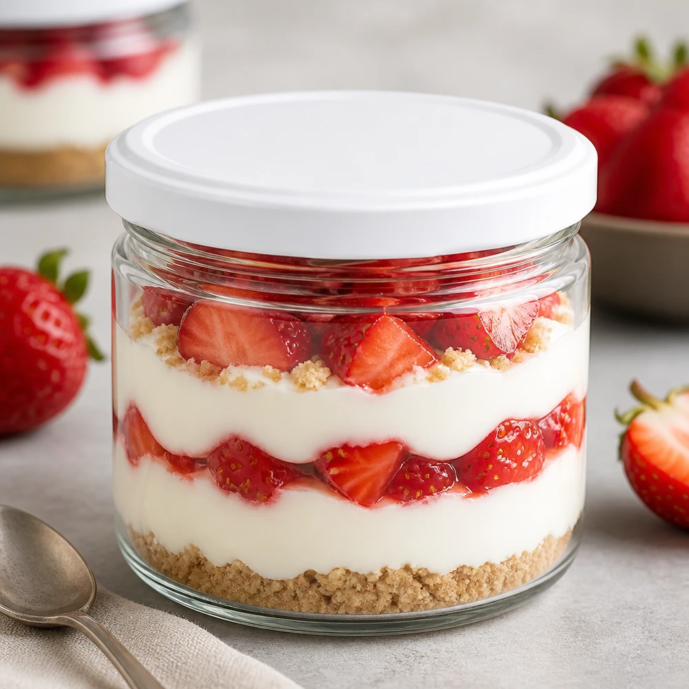 Vaso redondo blanco BasicSeal de 540 ml como vaso de postre con tiramisú de fresa - elegante vaso de porciones para postres