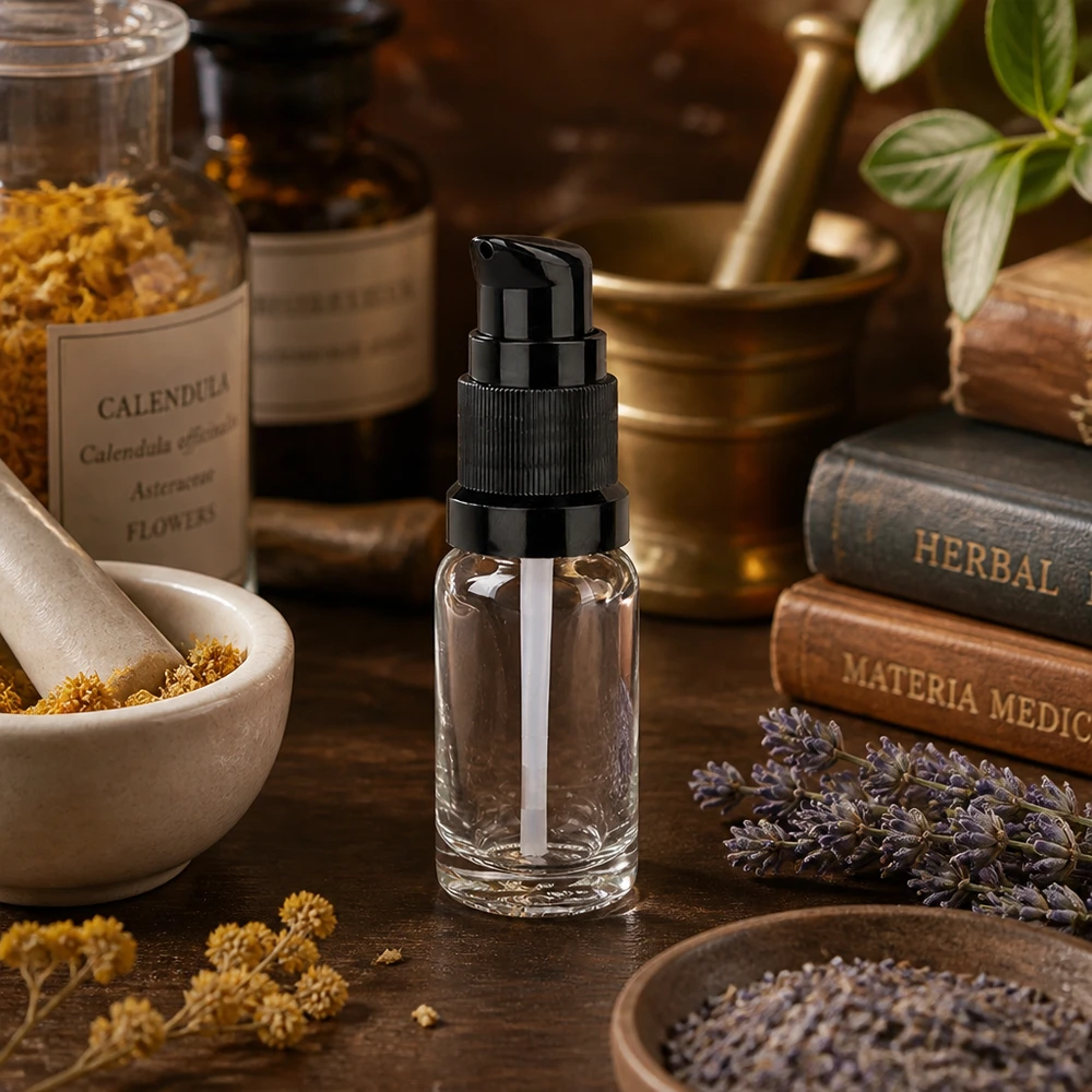 Frasco transparente con dosificador de 10 ml y cabezal negro, rodeado de hierbas y plantas medicinales