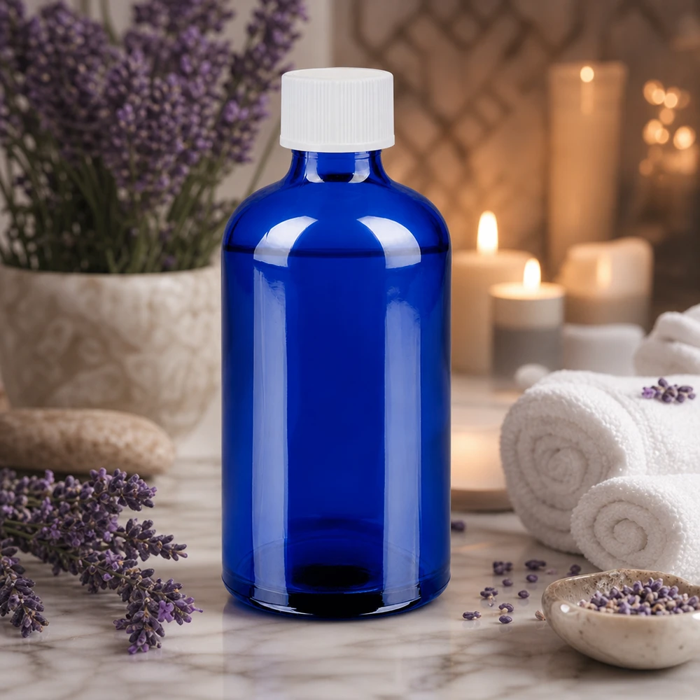Elegante botella de cristal azul de 100 ml con tapón blanco para aplicaciones de aromaterapia y bienestar