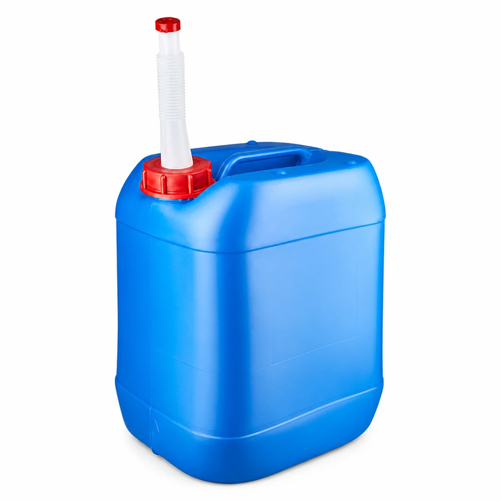 Bidón de plástico azul de 20 litros con tapón de rosca rojo y tubo de salida flexible