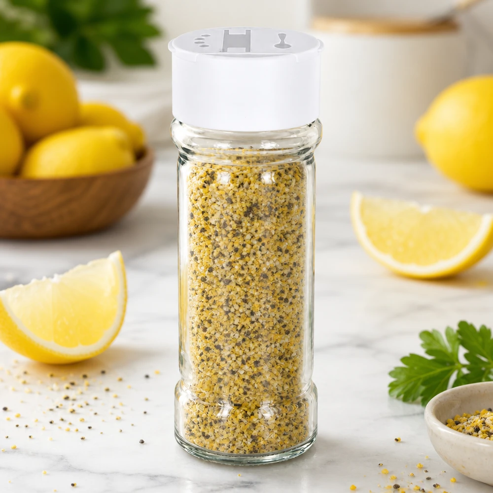 Frasco para especias de 100 ml con un espolvoreador doble blanco, lleno de pimienta al limón, junto a limones frescos