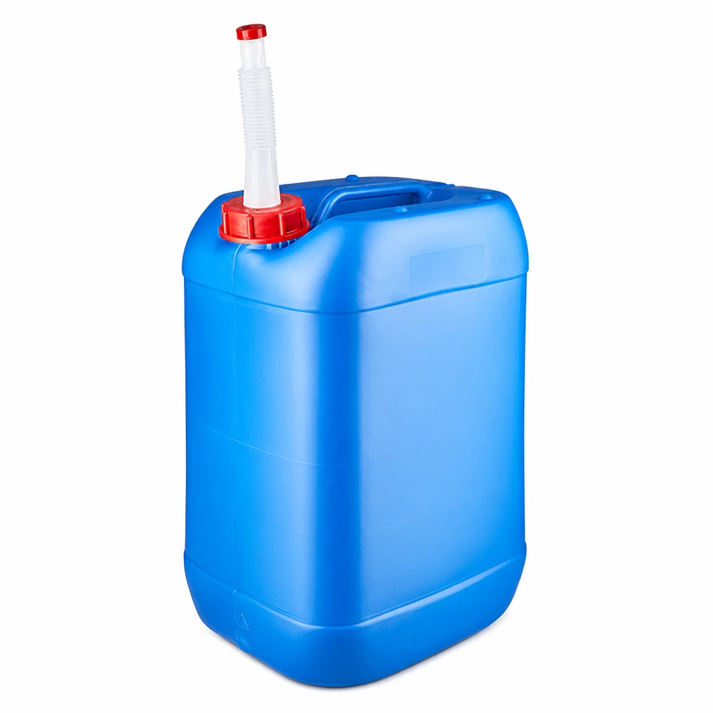 Bidón 25 litros azul con tubo de salida Flex Bidón de plástico azul de 25 litros con tapón de rosca rojo y tubo de salida flexible blanco