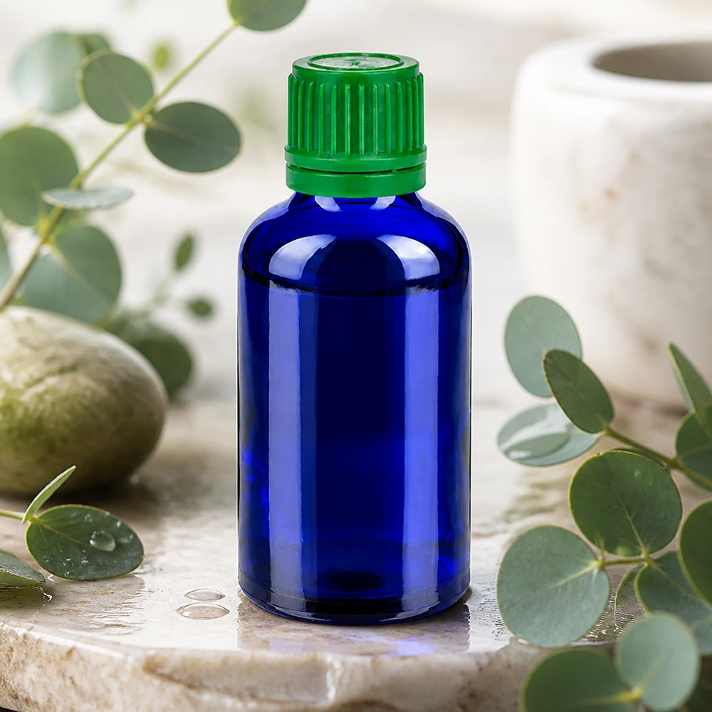 Botella 50ml tapón rosca 11mm verde cierre inviolable BlueLine UT18/50 Frasco compacto de 50 ml con abertura de 11 mm en vidrio azul para almacenar líquidos de forma segura