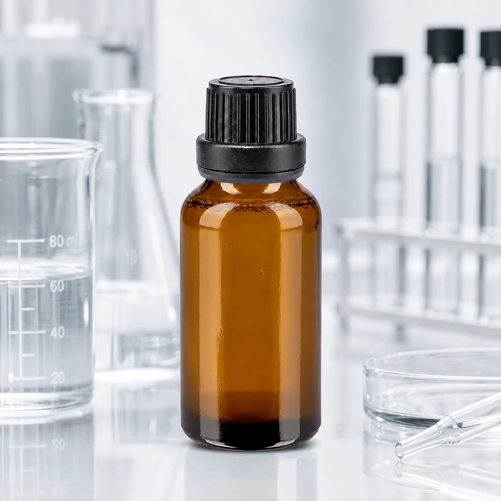 Botella de farmacia marrón 20ml tapón rosca negro cierre inviolable Frasco de farmacia de 20 ml de vidrio ámbar con tapón cuentagotas negro de 11 mm para laboratorio y farmacia